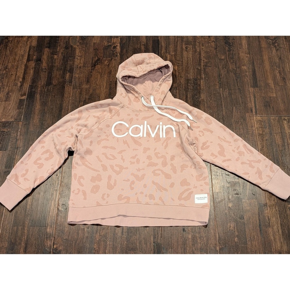 Calvin Klein Performance Hoodie Womens Large Pink Leopard Print Pullover Logo